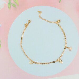 "Rose Gold Leaf Charm Anklet with Polished Dual Chain Design, XPAL1186